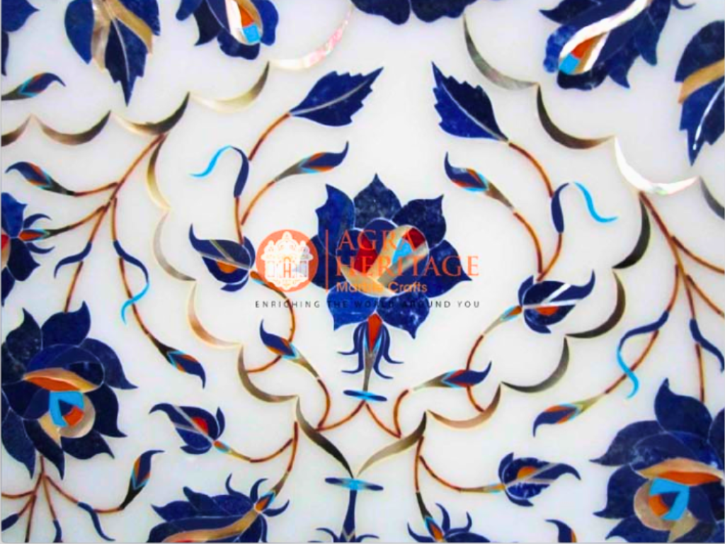 White Marble Lapis Pietradura Floral Interior Table Top